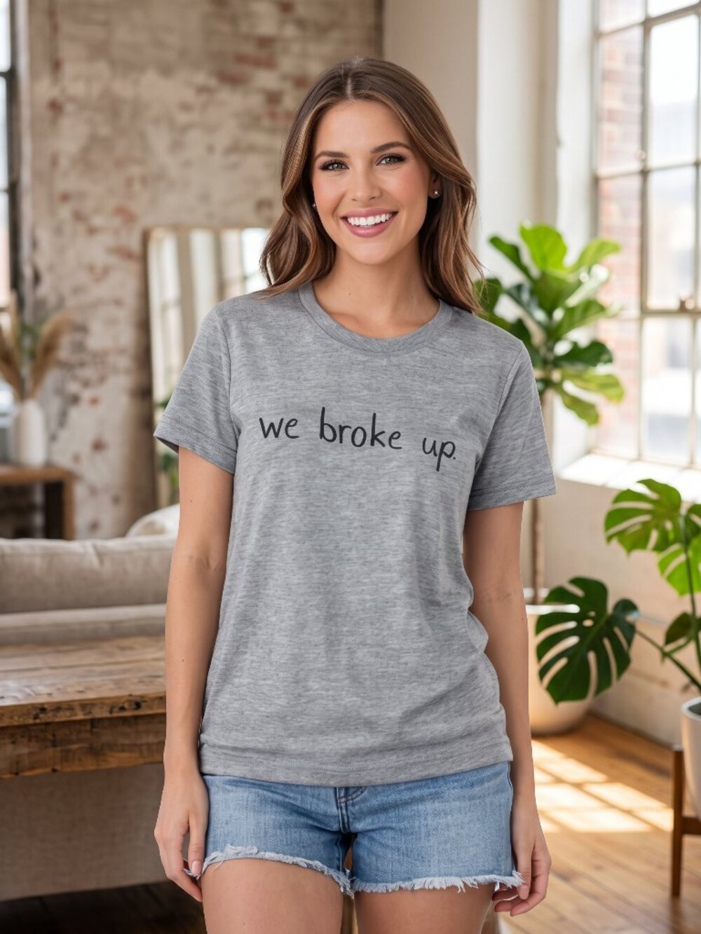 NWT American Apparel “We Broke Up” Graphic Tee XS Gray Crewneck Shirt